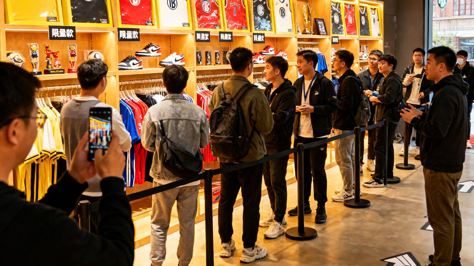 DB旗舰上海体育周边旗舰店开业当天店内场景，货架上陈列着限量版球衣、联名运动鞋和纪念品，顾客络绎不绝排队选购