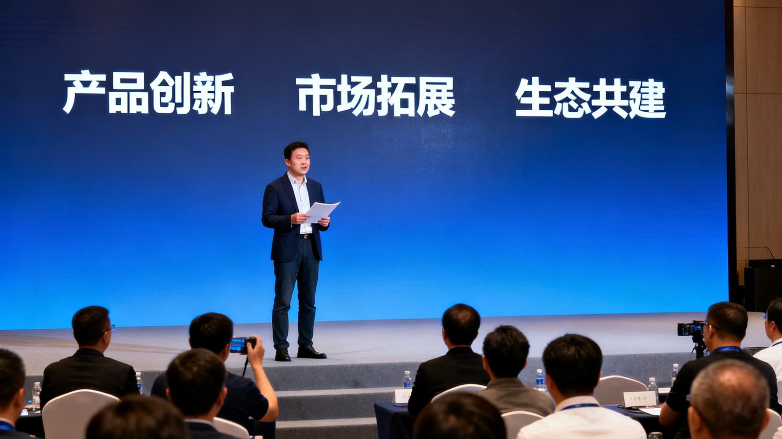 DB旗舰2025年战略升级新闻发布会现场，CEO张启明在台上向媒体和合作伙伴阐述年度规划，背景屏幕显示三大战略方向关键词