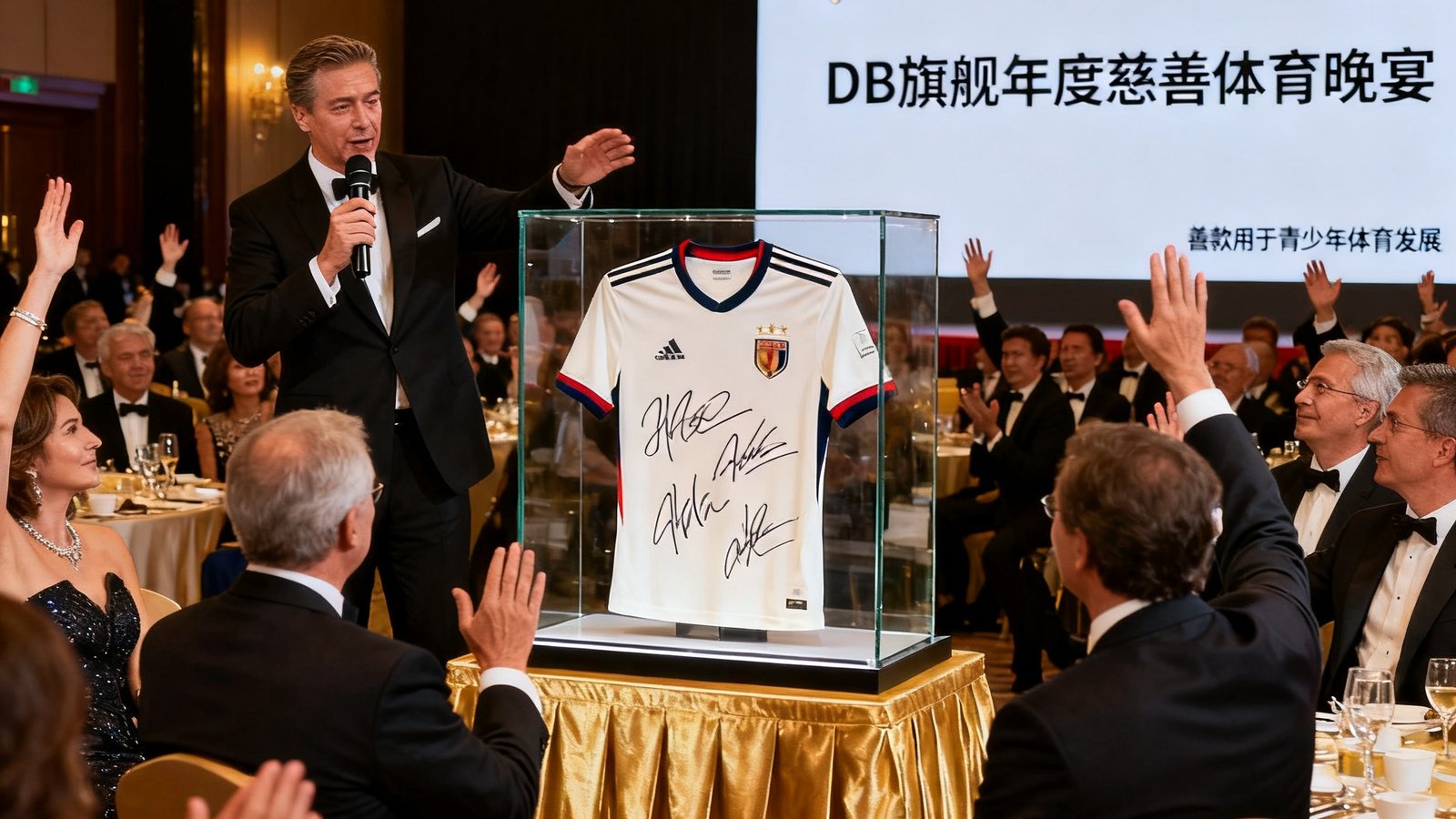 DB旗舰主办的年度慈善体育晚宴现场，社会各界人士盛装出席，拍卖环节中一件签名球衣正在被竞拍，善款将用于青少年体育发展