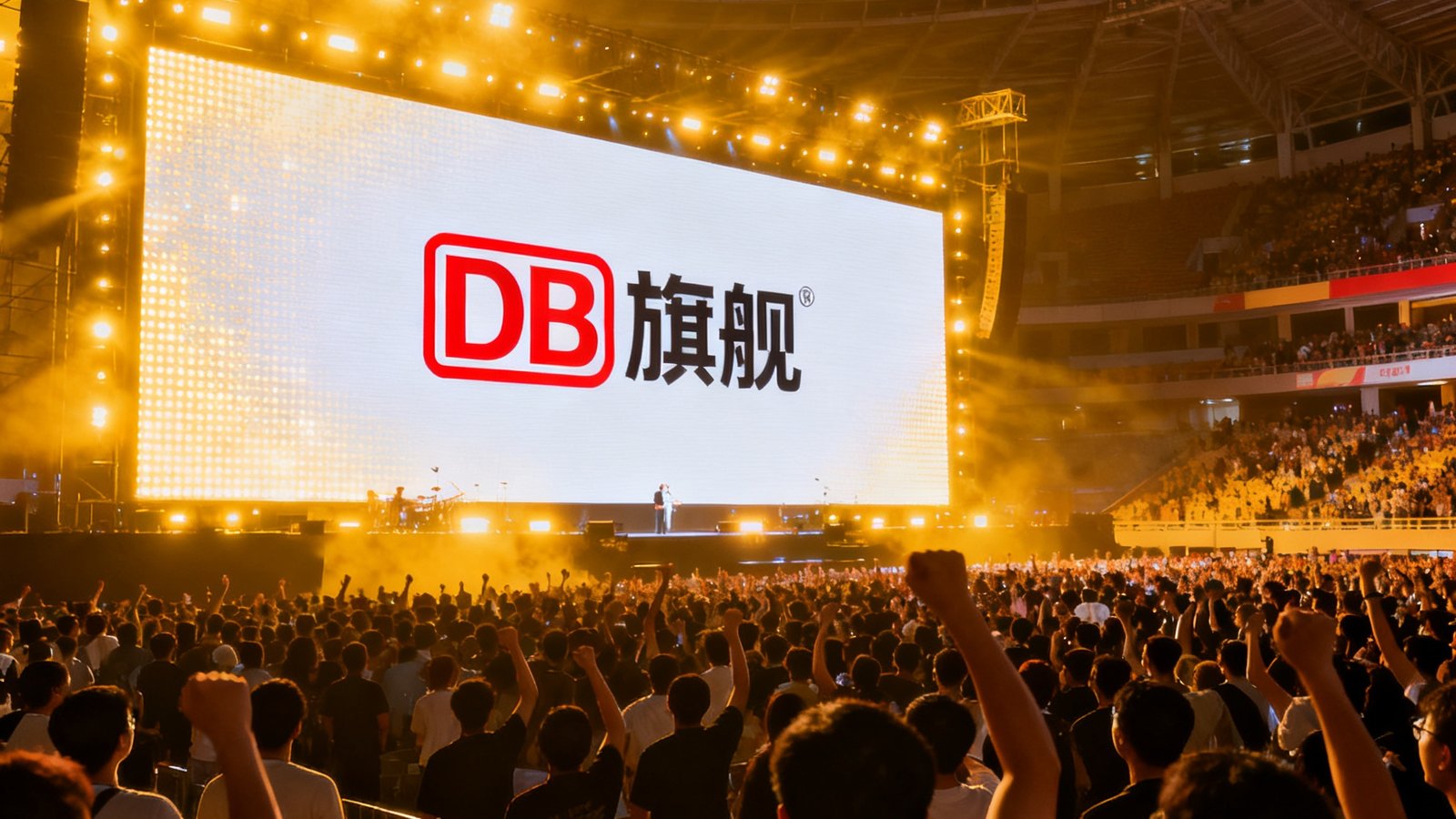 DB旗舰2025年全新体育场馆盛大开幕仪式现场，数千名观众齐聚现代化体育场，巨型LED屏幕播放DB旗舰品牌标识，灯光璀璨气氛热烈
