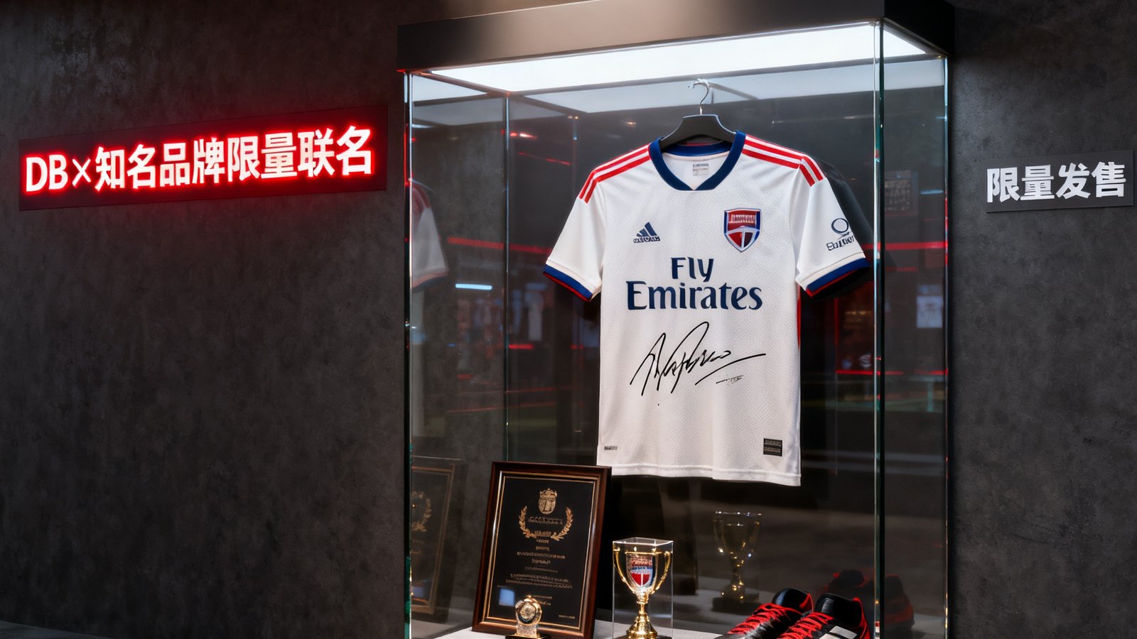 DB旗舰周边商城限量联名产品展示区，玻璃展柜内陈列着与知名品牌合作的联名球衣、签名纪念品和限定款运动装备，灯光设计凸显产品质感